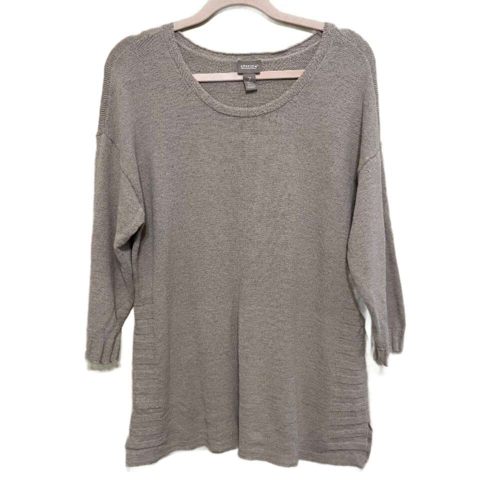 Chico's Tan Brown Tunic Sweater Womens Size 2 US Large Ribbed Knit Trim Coastal